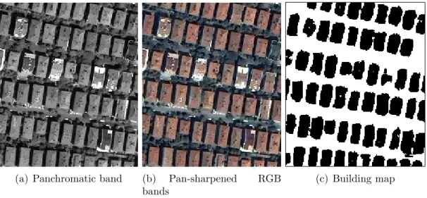 Figure 3.1: Panchromatic and multi-spectral bands of an example scene, and the binary classification map of buildings.