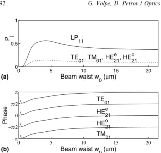 Fig. 3. Excitation with a linearly polarized beam for diﬀerent input beam waist. (a) Total power coupled into the modes of the LP 11 group (solid line)