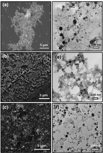 Fig. 1   SEM and TEM images of InN-NCs produced in a, d ethanol,  (b, the sample was dropcasted onto) isopropanol and c, f water