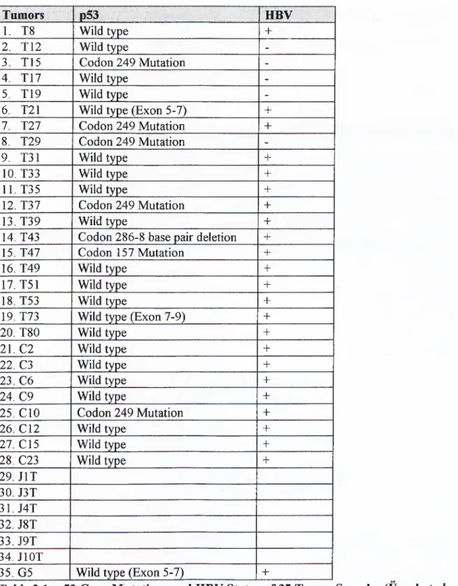 Table 2.1:  p53 Gene Mutations and HBV Status of 35 Tumor Samples (Unsal  et al.^ 