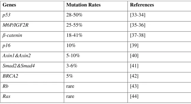 Table 1.1:  Mutations in tumor suppressor genes and oncogenes in HCC 