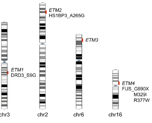 Figure 2.1 Genetic heterogeneity in familial essential tremor. Linkage studies revealed three  genomic regions segregating with the condition