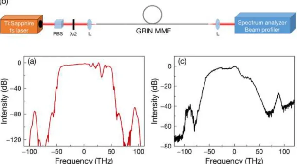 Fig. 1. (a) Numerically obtained spectrum with 345 nJ, 200 fs pulses after 30 cm GRIN MMF.