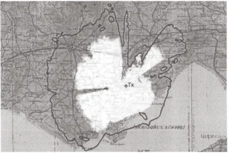 Figure 5. Coverage contour (-90 dBm) of Adana (N 36° 49' 35", E 35° 37' 53") land mobile base station and the talk-back region of a mobile station operating in the