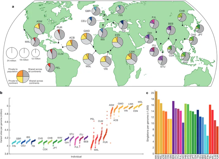 Figure 1 | Population sampling. a, Polymorphic variants within sampled populations. The area of each pie is proportional to the number of  poly-morphisms within a population