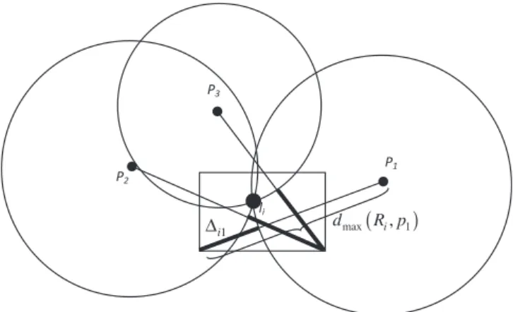 Fig. 2. Illustration of a partial collusion attack with three POIs in Hashem et al.’s protocol; thick lines show D ij .
