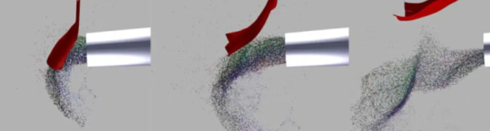 Figure 8. Fluid particles ﬂow into a cloth mesh.