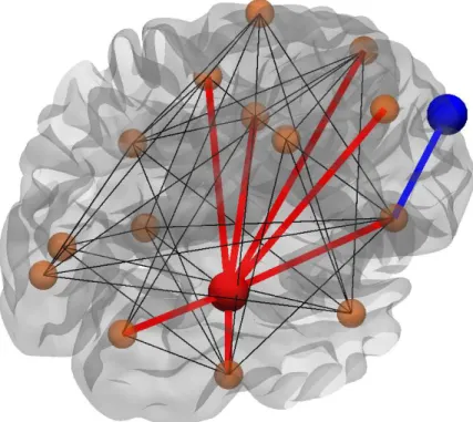 Figure 2.4: Degree of a node. The red is an example of a high degree node(i.e. it has a high number of neighbors), while the blue node possesses a low degree (i.e.