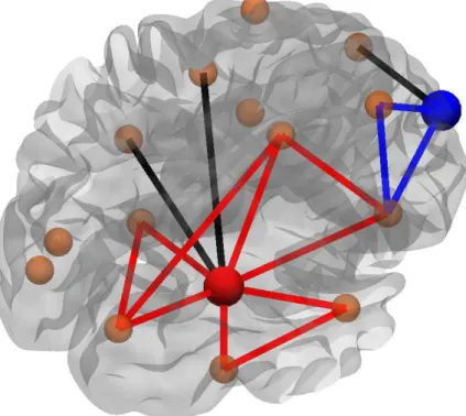 Figure 2.7: Triangles around a node. The red node is an example of a node with high number of triangles around it (because the black edges do not have any connections between themselves, only the red edges contribute to the triangles calculation)