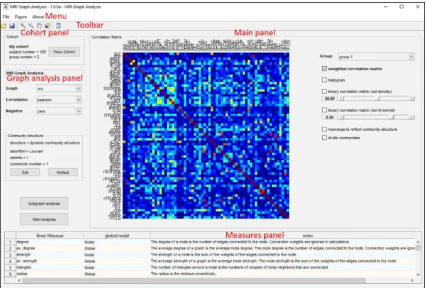 Figure 4.7: Screenshot of GUI MRI Graph Analysis. Six main work areas can be distinguished: menu and toolbar on the top, cohort and the graph analysis panel in the middle left