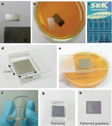 Figure  1.4:  Graphene  transfer  by  using  PDMS  stamping.  (a,b)  The  nickel  substrate is etched in FeCl 3  solution to obtain the floating graphene on liquid surface