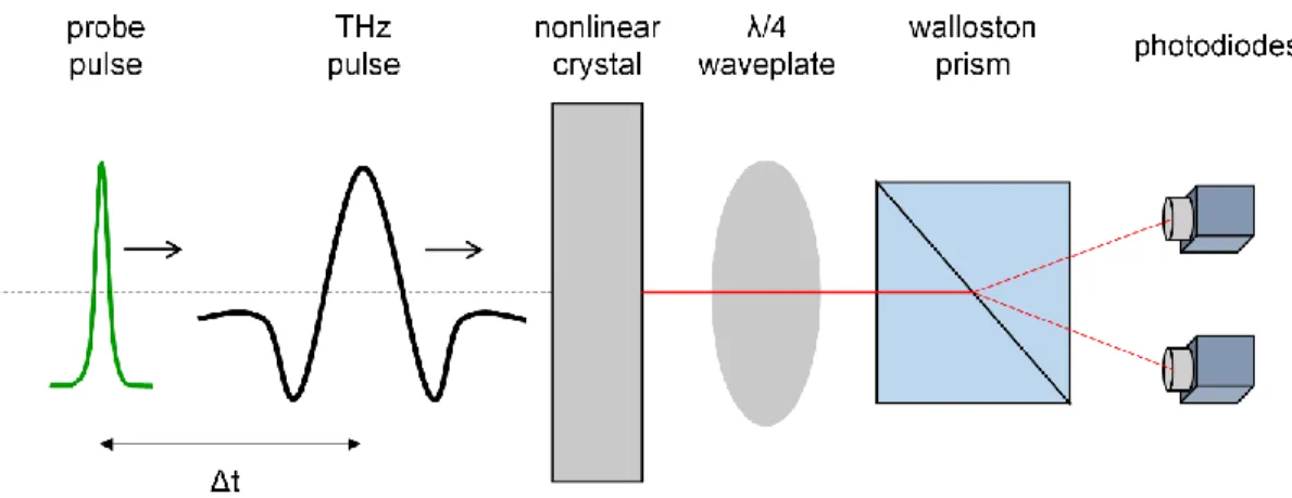Figure 2.9 Electro-optic system to detect terahertz pulses based on nonlinear crystals