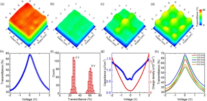 Fig. 2. (a) –(d) THz transmission images of the SLM with various voltage configurations recorded at a frequency of 0.37 THz.