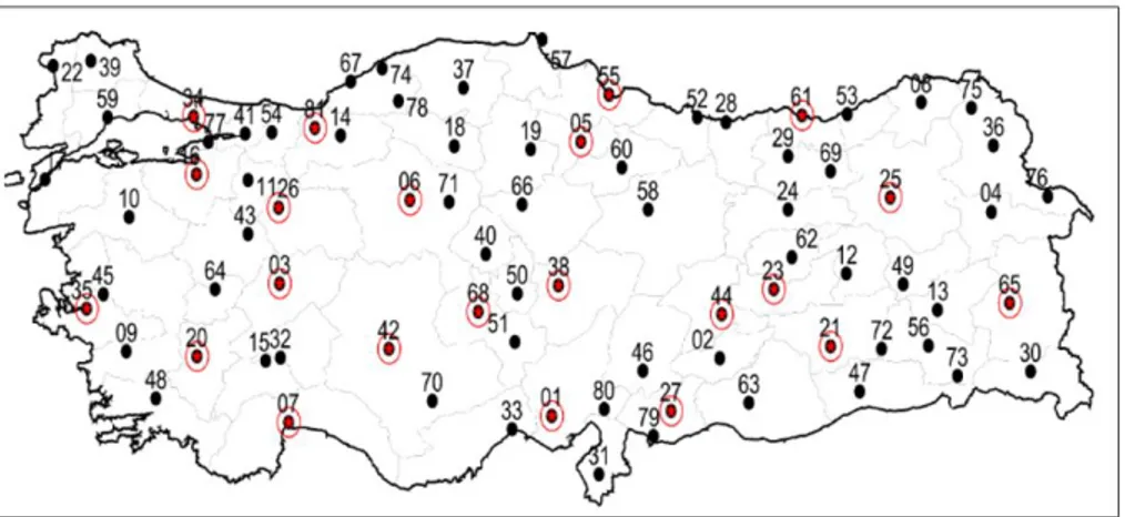 Figure 4.2: Map of Turkey with cities and potential hub locations