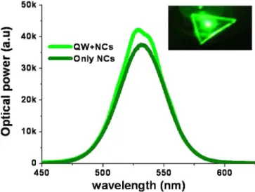 Fig. 10. Time resolved spectroscopy measurements of our hybrid FRET- FRET-converted system that consists of both QW and NCs (QW+NCs), compared with that of the negative control group that contains only NCs (only NCs), along with the instrument response fun
