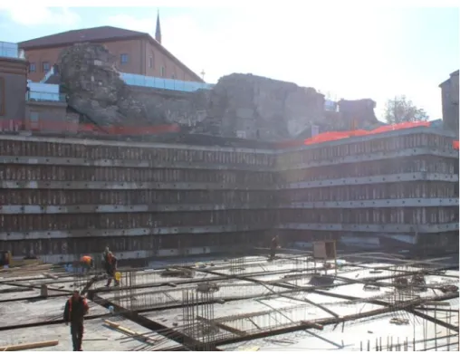 Figure 17. Construction of the parking garage at the Haci Bayram complex. The  temenos wall of the sanctuary, reused as a Byzantine-era fortification, is clearly  visible above the construction