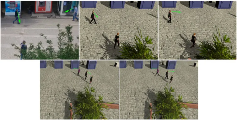 FIGURE 3 Effects of proximity, periphery, and shyness. Top left: video, top middle: simulation, top right: periphery and proximity weights = 0, bottom left: periphery weight = 0.8, and bottom right: periphery weight = 0.8; male agent shyness = 0.6