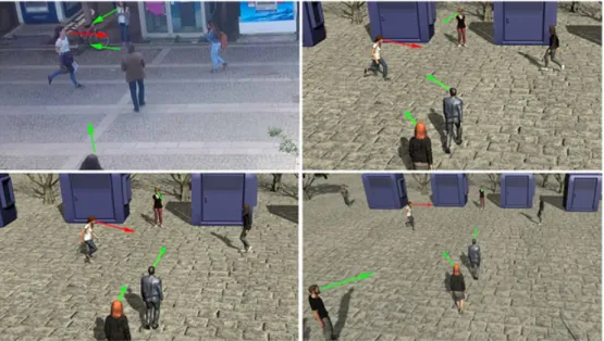 FIGURE 4 Effects of agent velocity. Top left: video, top right: simulation, bottom left: velocity weight = 0, and bottom right: orientation weight = 0.8