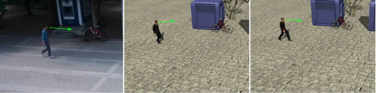 FIGURE 6 Effects of object distinctiveness. Left: video, middle: simulation, and right: distinctiveness weight = 0