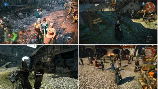 FIGURE 1 Gaze behavior in popular computer games: Assassin's Creed (®Ubisoft, 2014), Elder Scrolls V: Skyrim (®Bethesda, 2011), and The Witcher 3 (®CD Projekt RED, 2015)
