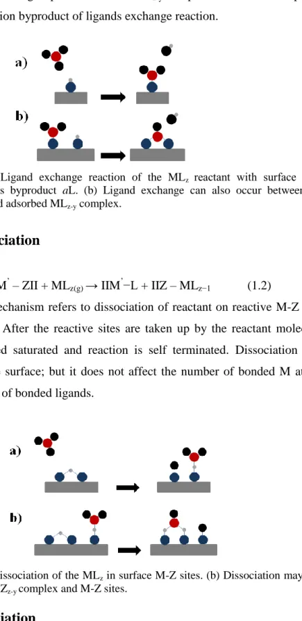 Figure  1.2:  (a)  Ligand  exchange  reaction  of  the  ML z  reactant  with  surface  “-a”,  releasing  gaseous  byproduct  aL