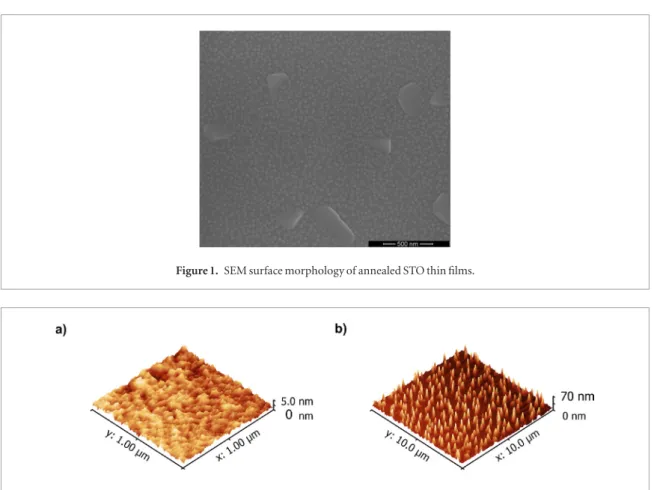 Figure 2.  3D AFM surface morphologies of (a) as-deposited and (b) annealed STO thin films.