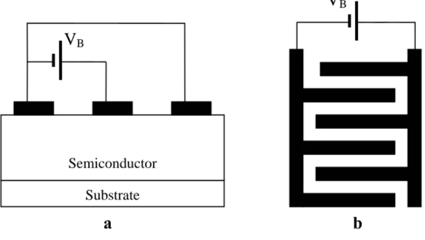 Figure 2.3: Schematic views of an MSM photodetector. (a) cross-sectional view  (b) top view