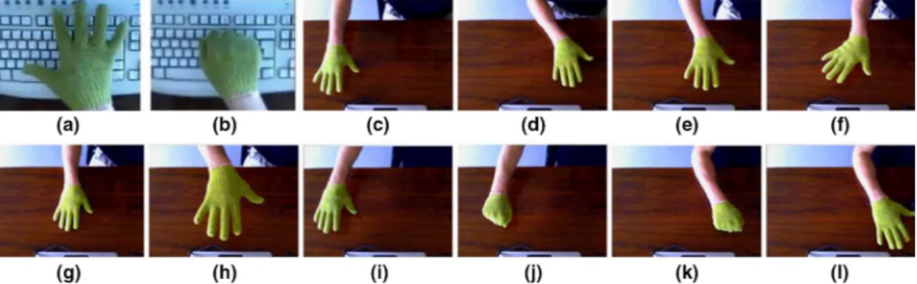 Fig. 2 Gesture/posture vocabulary: a open-hand posture; b closed-hand posture; c and d move; e and f rotate; g and h zoom or scale; i–l trajectory specification