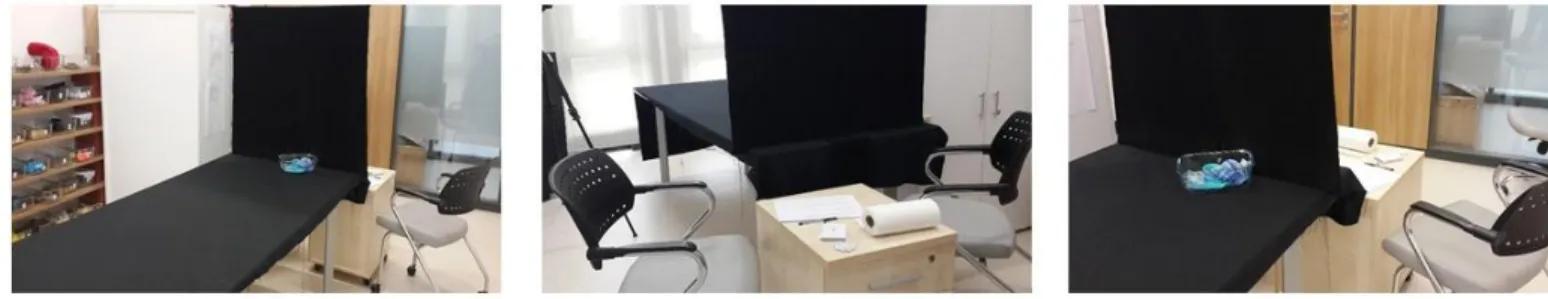 Figure 1. Experimental Setup. The only difference between experiment I and II is that the cloth screen seen in d) is removed in  experiment II and the table was put against a wall, participants merely observed the material instead of touching it