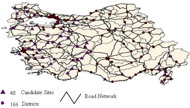 Fig. 9. The four regions with candidate sites and population centers.