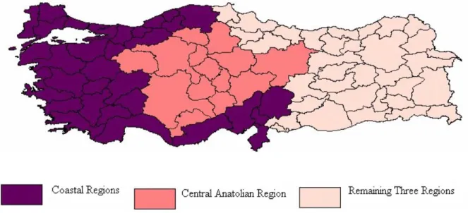 Fig. 4. Map of Turkey: Highlighting Coastal Regions and the Central Anatolian Region.