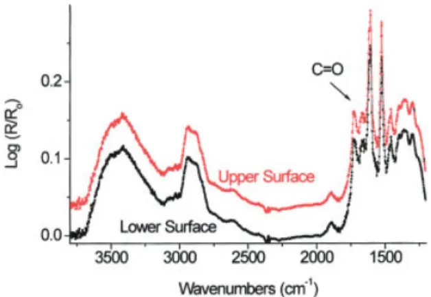 Figure 5 DRIFT spectra for reference-group (untreated) test plates and test plates thermally loaded at 210, 220, 230, and 250°C