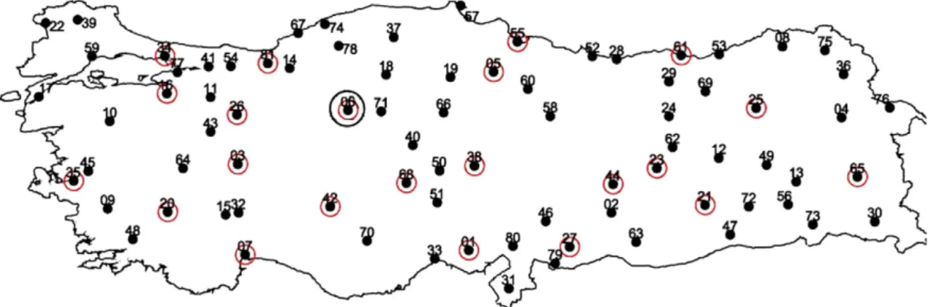 Fig. 2. 81 Cities, 22 potential hub locations, and the central airport hub on the Turkish network.