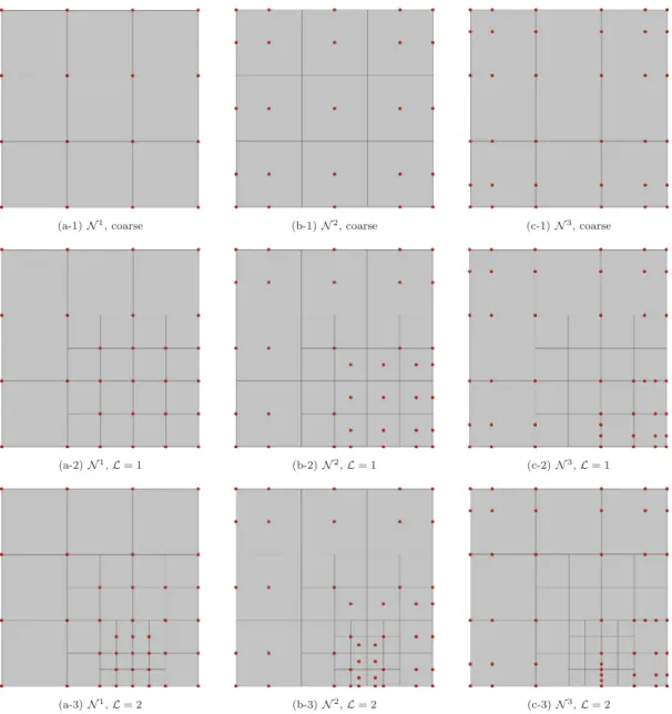 Fig. 3. Hierarchical refinement is demonstrated using N p ( p = 1, 2 or 3) basis functions along each parametric direction, presently with unit weights (B-splines)