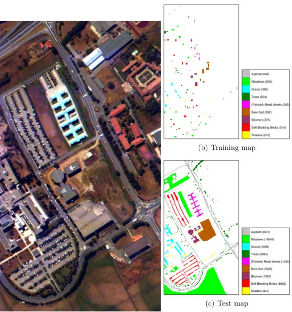 Figure 3.3: False color image of the University data set (generated using the bands 68, 30 and 2) and the corresponding ground truth maps for training and testing