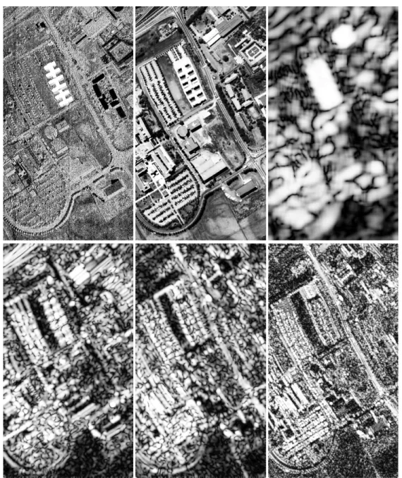 Figure 3.7: Pixel feature examples for the University data set. From left to right, first row: the first LDA band, the first PCA band, Gabor features for 45 degree orientation at the first scale; second row: Gabor features for 45 degree orientation at the 