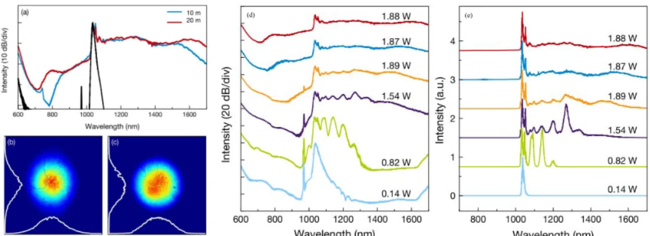 Fig. 1 (a) Supercontinuum generation for 10 m and 20 m fiber lengths. (b) and (c), Measured output beam profile  730  nm  to  1200  nm  and  1100  nm  to  1200  nm  range,  respectively