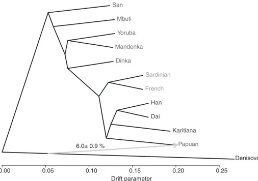 Fig. 4. (A) Sharing of de- de-rived alleles among  present-day humans, Denisovans, and Neandertals