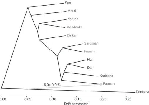 Fig. 4. (A) Sharing of de- de-rived alleles among  present-day humans, Denisovans, and Neandertals
