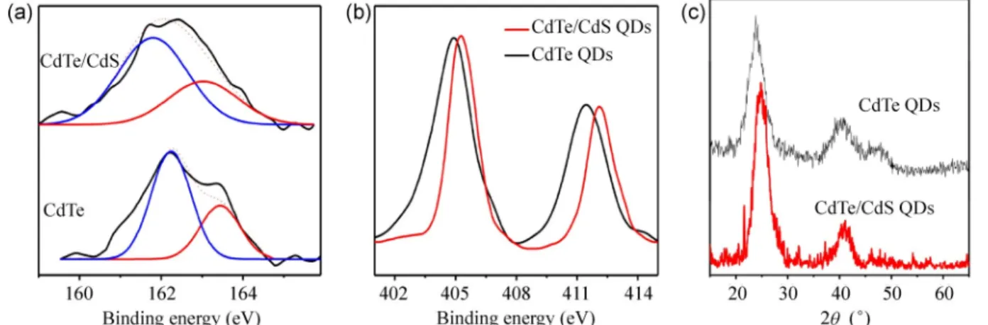 Figure 5  (a) Absorbance and PL spectra of CdTe core (illumination  time = 0) and CdTe/CdS core/shell QDs prepared with different  illumination times