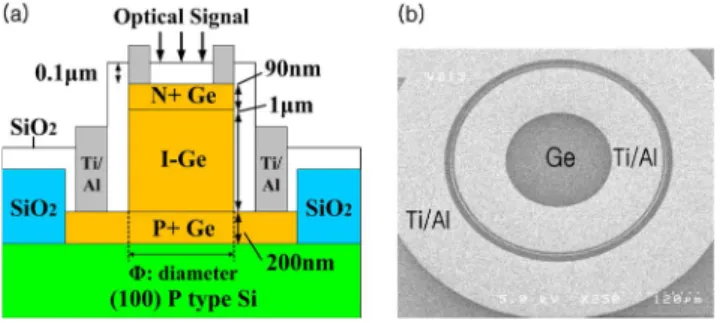 Fig. 1. (a) Schematic diagram of the cross section of normal incidence Ge/Si p-i-n photodiode