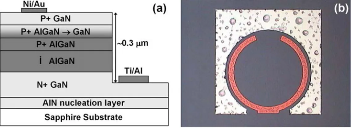 Figure 4.11 shows drawing and photograph of the Al 0.45 Ga 0.55 N/GaN p-i-n  photodiode with both ohmic contacts formed