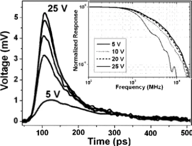 Fig.  3:  Spectral  quantum  efficiency  of  AlGaN  MSM  PD.  Inset  shows  the  bias-dependent  efficiency  curves  for SB AlGaN p-i-n PD sample