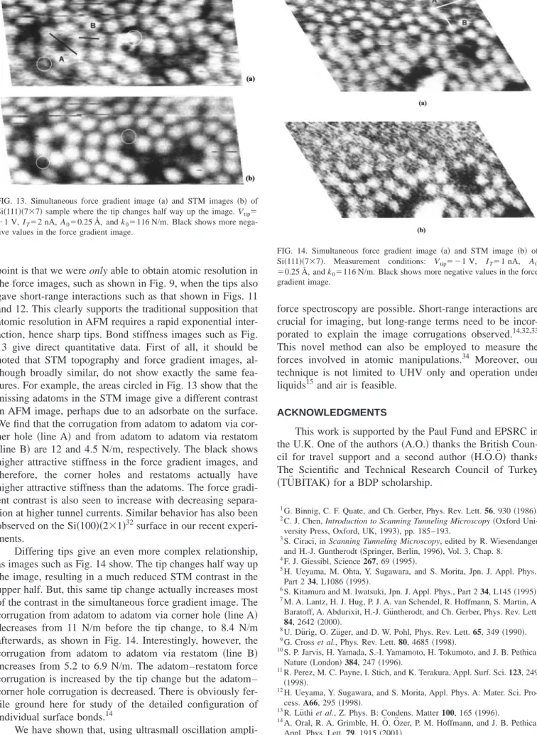 FIG. 13. Simultaneous force gradient image 共a兲 and STM images 共b兲 of Si 共111兲共7⫻7兲 sample where the tip changes half way up the image