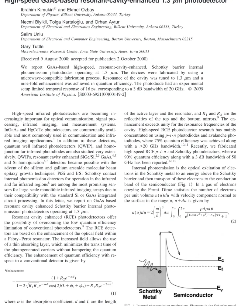 FIG. 1. Internal photoemission mechanism. Electrons in the Schottky metal are excited to an energy above the Schottky barrier and then they transport to the conduction band of the semiconductor.