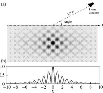 Fig. 2.  (a) Experiment setup for a 2D 20  ×  10 square-array PC. The electric-field-intensity distribution of a source located at the center and operating at the second band-edge frequency
