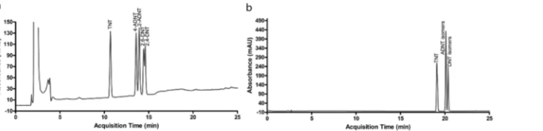 Figure 4. Separation of nitroaromatics by phenyl-3 column: (a) self-optimization performance, (b) with the method presented in Table 1.