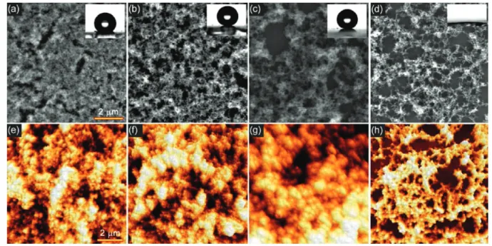 Figure 1. SEM micrographs showing (a) Me15-a, (b) Me25-a, (c) highly porous structure of the uncalcined superhydrophobic Me35-a ﬁlm, (d) more porous structure of calcined superhydrophilic Me35-c ﬁlm annealed at 600 °C for 1 h
