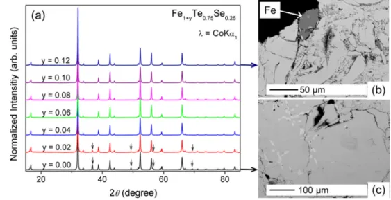 Fig. 1 a Powder x-ray diffraction diagrams (PXRD) of Fe 1+y Te 0.75 Se 0.25 (y = 0.00–0.12) annealed at 973 K for 2 days