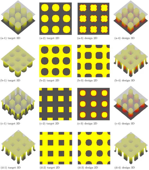 Figure 3. Benchmark target textures of the 0- OR -1 type displaying a macroscopically isotropic response are depicted together with the output designs from the optimization algorithm based on the default numerical choices